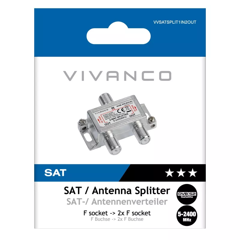 Vivanco VVSATSPLIT1IN2OUT satelliet-verdeler 1 ingang 2 uitgangen 5-2400 MHz F-stekker