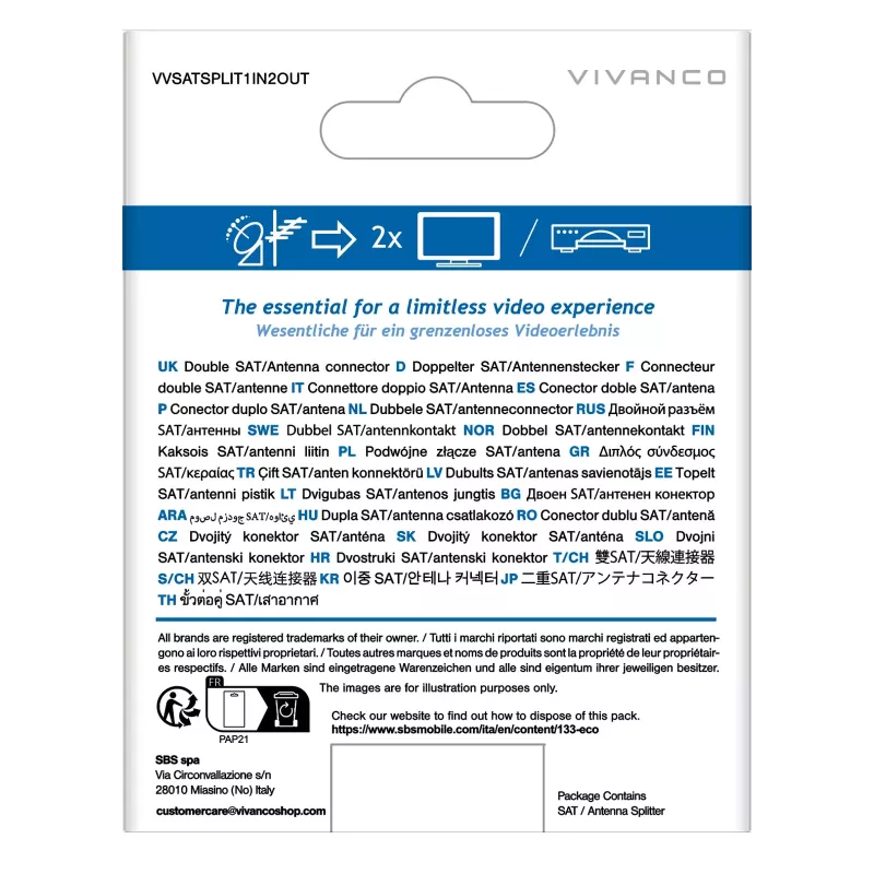 Vivanco VVSATSPLIT1IN2OUT satelliet-verdeler 1 ingang 2 uitgangen 5-2400 MHz F-stekker