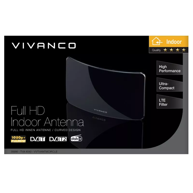 Vivanco VVTVANTMCIRCLE binnenantenne voor DVB-T/T2 met 28 dB versterking, LTE/4G/5G-filter, DAB/DAB+-ondersteuning, zwart