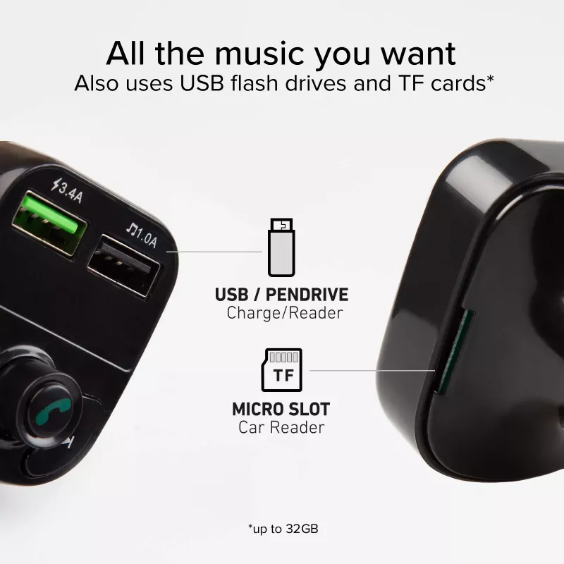 SBS TECARFM2USB Bluetooth FM-transmitter met handsfree functie en dual-USB oplaadfunctie