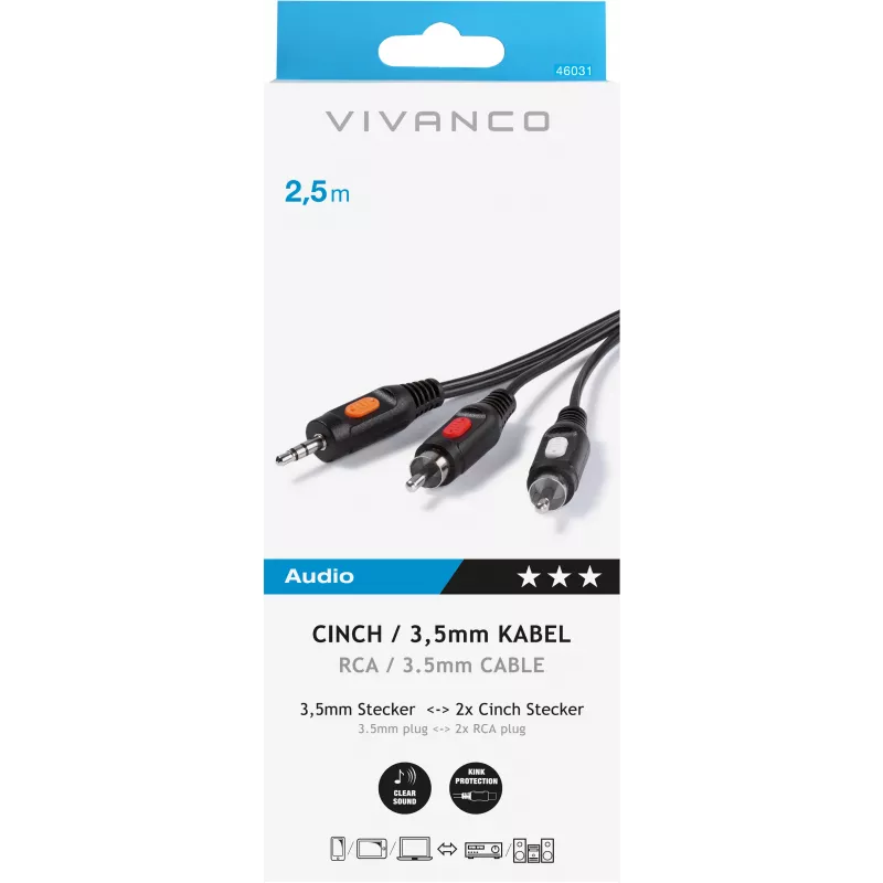 Audiokabel 3,5 mm naar 2xRCA Vivanco 2,5 m (VVAJACK2RCA25MMK)