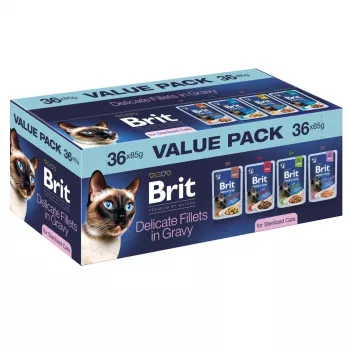 Brit Delicate Fillets in Gravy voor gesteriliseerde katten – 36 x 85 g zakjes