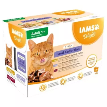 EUKANUBA IAMS DELIGHTS Land Collection in saus natvoer voor katten, 12 x 85g zakjes, adult, kip, lam & kalkoen