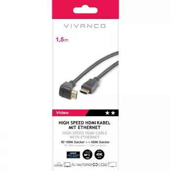 Vivanco High Speed HDMI-kabel met Ethernet, 90 graden haaks, 1,5 m, zwart (VVVHDMI30M1M90K)