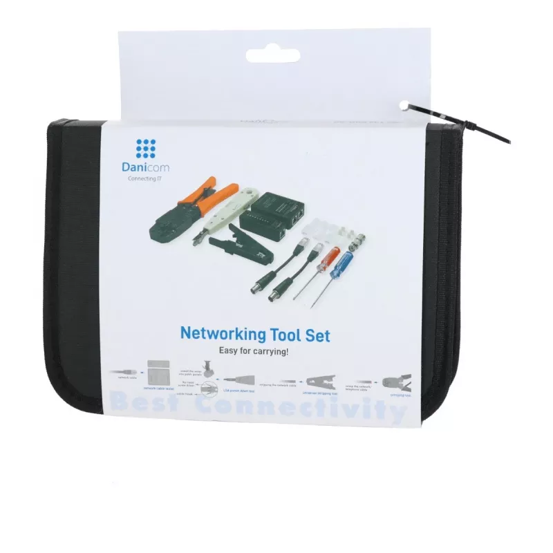 DSIT DC-TOOLSET-PRO professionele netwerk gereedschapsset met krimptang, tester, LSA-legtool, tangen, schroevendraaiers, stekkers en ritsetui