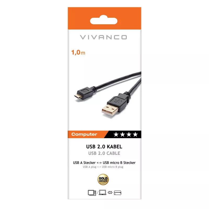 Vivanco VVITUSBAMICB10MK USB 2.0 Type-A naar Micro-B-kabel, 1 m, zwart