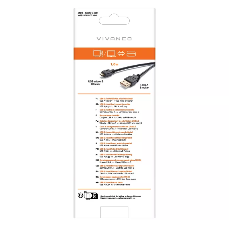 Vivanco VVITUSBAMICB10MK USB 2.0 Type-A naar Micro-B-kabel, 1 m, zwart