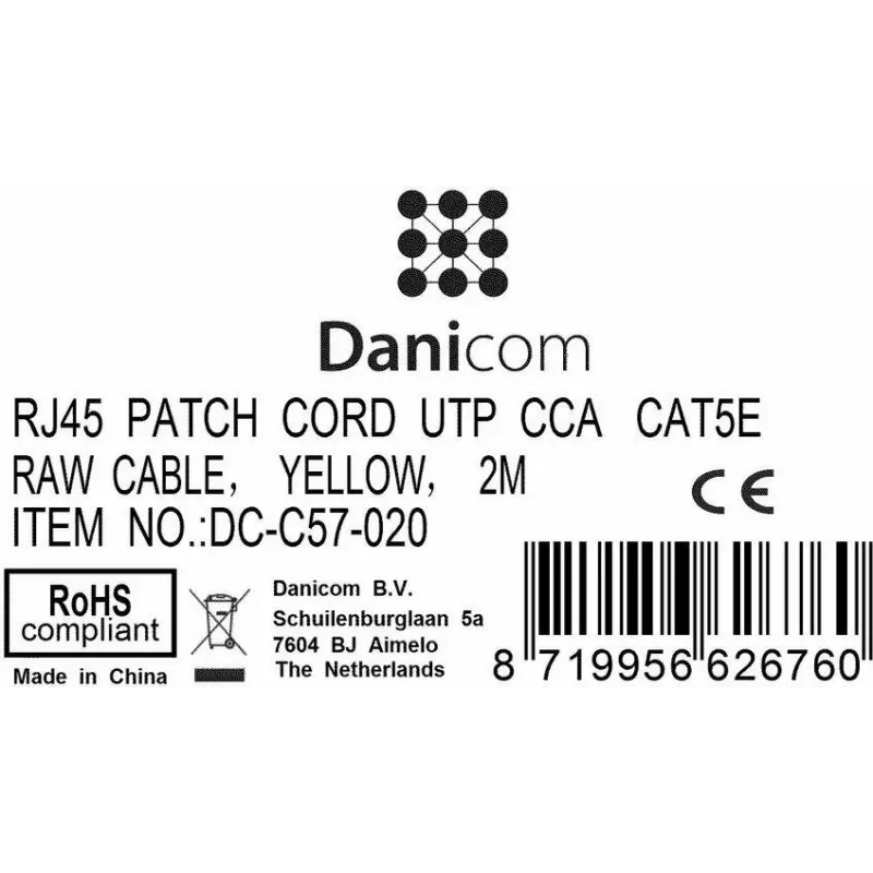 DSIT CAT 5e U/UTP netwerk-patchkabel, RJ45-stekker naar stekker, 2 m, geel, CCA, 100 MHz