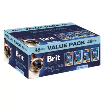 Brit Delicate Fillets in Gravy voor volwassen katten - 48x85g multipack (kip, rund, kalkoen, zalm)