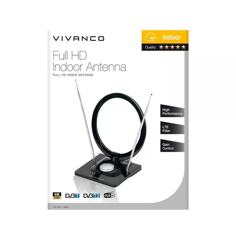 Vivanco VVTVANTSCIRCLE Binnenantenne DVB-T2/DAB+ Vlakantenne met 4G/5G-filter, Zwart