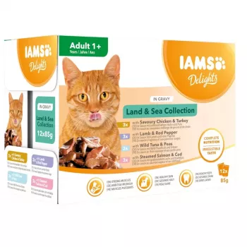 EUKANUBA IAMS DELIGHTS Land & Sea Collection in saus natvoer voor katten – 12x85g zakjes (zalm & kabeljauw, kip & kalkoen, lam & rode paprika)