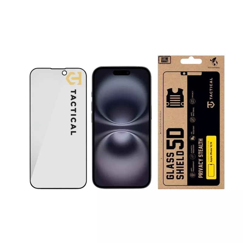 Tactical Glass Shield Privacy 5D displayschermfolie voor iPhone 15 / 16, zwart