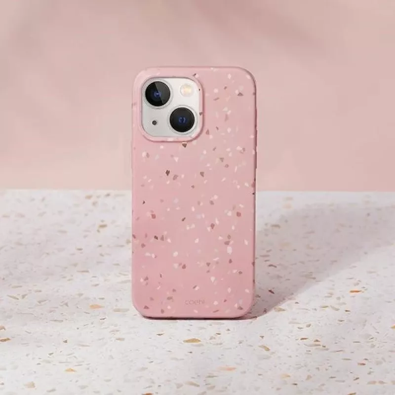 UNIQ Coehl Terrazzo hoes voor iPhone 14 Plus / 15 Plus, koraalroze