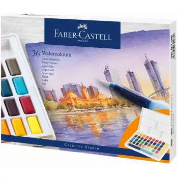 Faber-Castell Creative Studio aquarelverfset, 36 kleuren in vaste napjes met penseel en spons, mengpalet in het deksel, studentenkwaliteit, transparant, navulbaar, draagbare kunststofdoos
