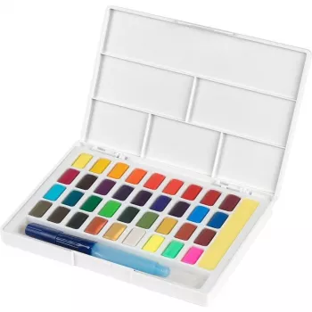 Faber-Castell Creative Studio aquarelverfset, 36 kleuren in vaste napjes met penseel en spons, mengpalet in het deksel, studentenkwaliteit, transparant, navulbaar, draagbare kunststofdoos