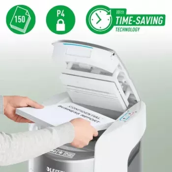Leitz IQ Optimax AutoFeed 150 P-4 partikelschredder met 150-vel auto-invoer en 15L bak, zwart