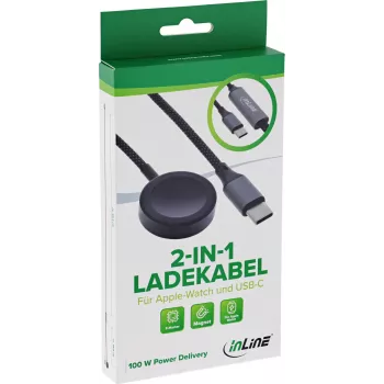 InLine® 2-in-1 oplaadkabel voor Apple Watch + USB-C, 100 W, USB 2.0, 1,2 m
