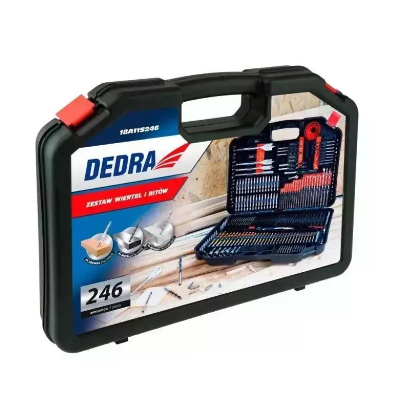 DEDRA 18A11S246 246-delige boor- en schroevendraaierbitset met HSS-, hout-, steenboren en CrV-schroefbits in kunststofkoffer