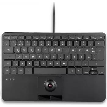 PERIX PERIBOARD-427 H DE bedrade USB-minitoetsenbord met geïntegreerde trackball en achtergrondverlichting, zwart