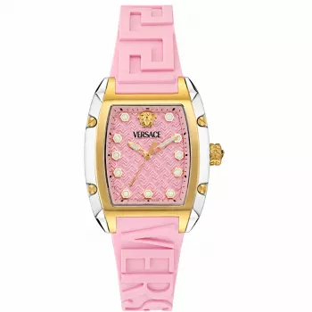 Versace VE8K00224 dames quartz horloge, 45 mm, grijs roestvrijstalen kast, roze wijzerplaat, roze siliconenband