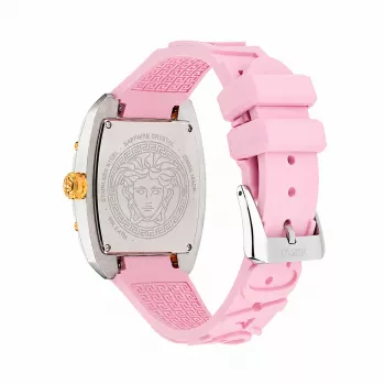 Versace VE8K00224 dames quartz horloge, 45 mm, grijs roestvrijstalen kast, roze wijzerplaat, roze siliconenband