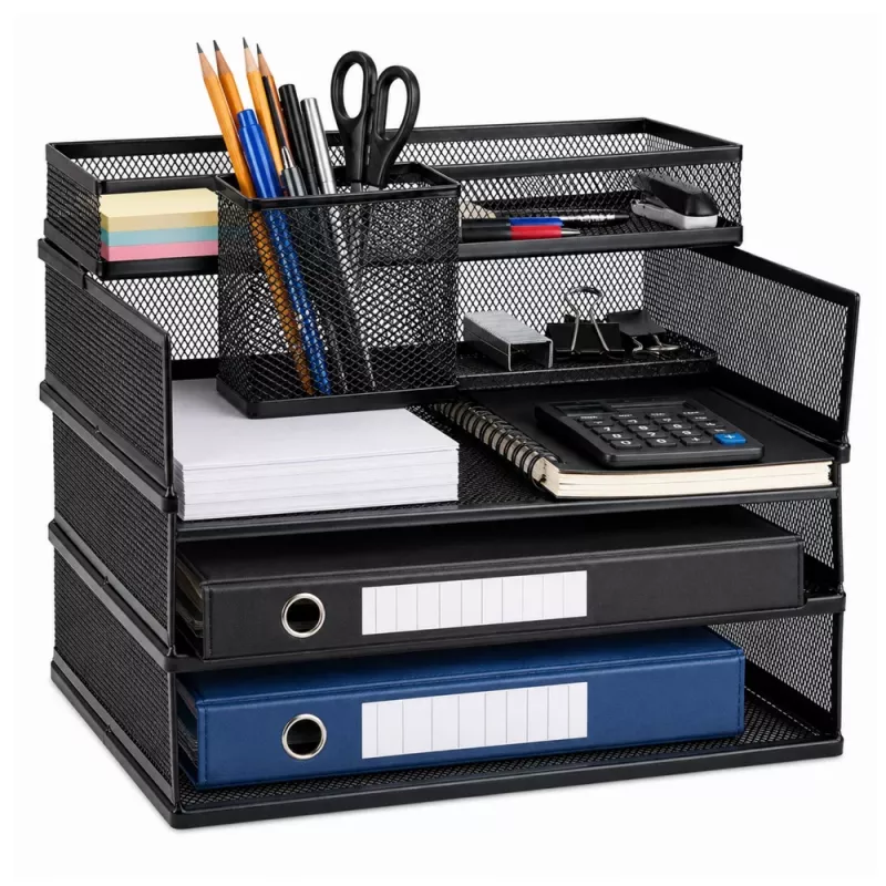 LEAN metalen multifunctionele organizer-rekken voor documenten en accessoires, 3-laags mesh bureau-organizer, zwart
