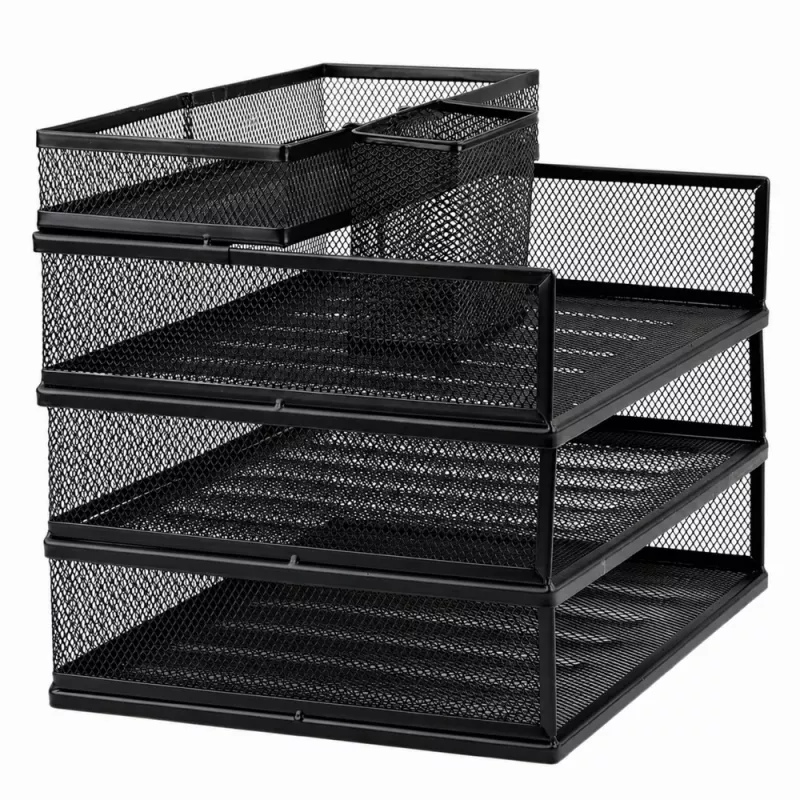 LEAN metalen multifunctionele organizer-rekken voor documenten en accessoires, 3-laags mesh bureau-organizer, zwart