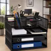 LEAN metalen multifunctionele organizer-rekken voor documenten en accessoires, 3-laags mesh bureau-organizer, zwart