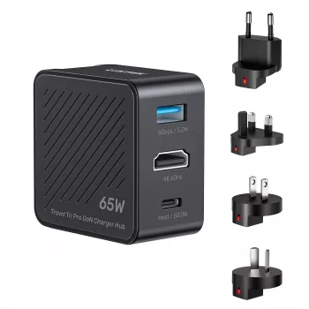 UNITEK P1242ABK01 GaN 3-in-1 reis-oplader-hub 65W met 4K@60Hz HDMI, USB-A en USB-C