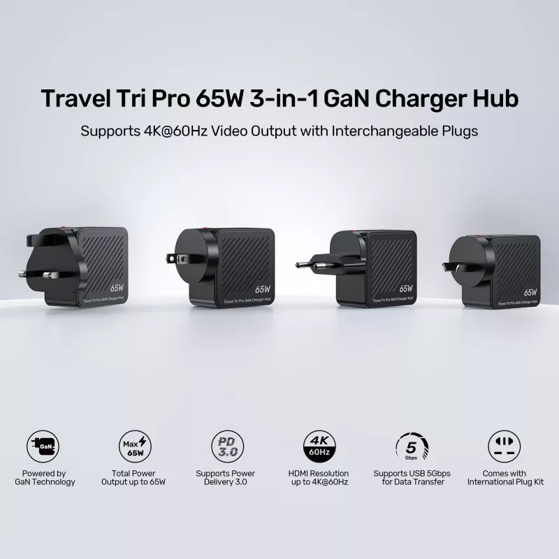 UNITEK P1242ABK01 GaN 3-in-1 reis-oplader-hub 65W met 4K@60Hz HDMI, USB-A en USB-C