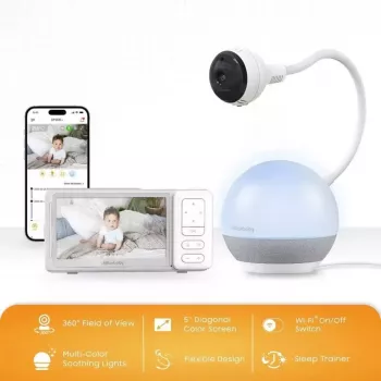 Chillax DM 610 video-babyfoon met giraffen-stemmings-slaaptrainer - 2,8 inch kleuren-LCD, 2,4 GHz FHSS, 300 m bereik, nachtzicht, intercomfunctie, temperatuursensor, slaapliedjes, nachtlampje, wandmontage, wit