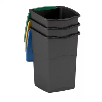 CURVER Koral 47L 3-delige afvalbak-set – zwart met gekleurde deksels, kantel- en klapdeksels, uitneembare binnenemmers, binnenruimte-recycling
