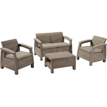 KETER Corfu set 3-delige beige tuinmeubelset in rattanlook met grijze kussens