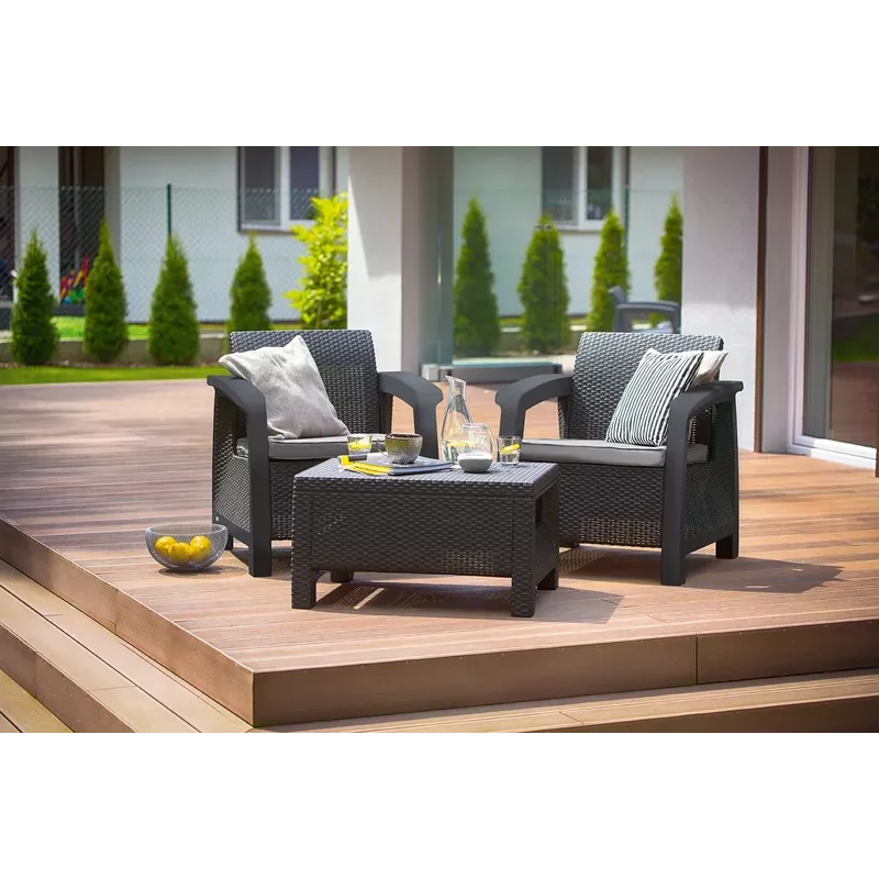 Keter Corfu Weekend 2-zits tuinmeubelset met salontafel, grijs rattaneffect