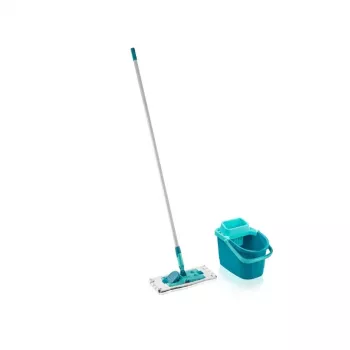 LEIFHEIT Clean & Compact vloerreinigingsset met platte mop en voetpedaal-uitwringer, 8L emmer, microvezelkop, 33cm, wit/blauw