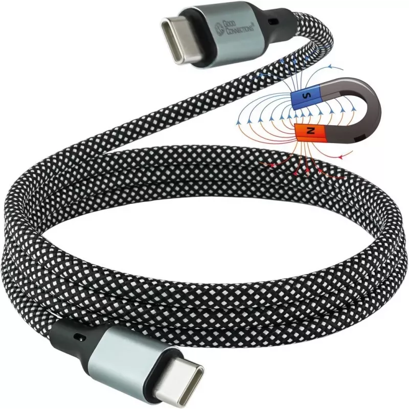 GoodConnections magnetische USB 2.0 spiraalkabel 60W USB-C naar USB-C, zwart/wit, 1m 2060-MT010SW