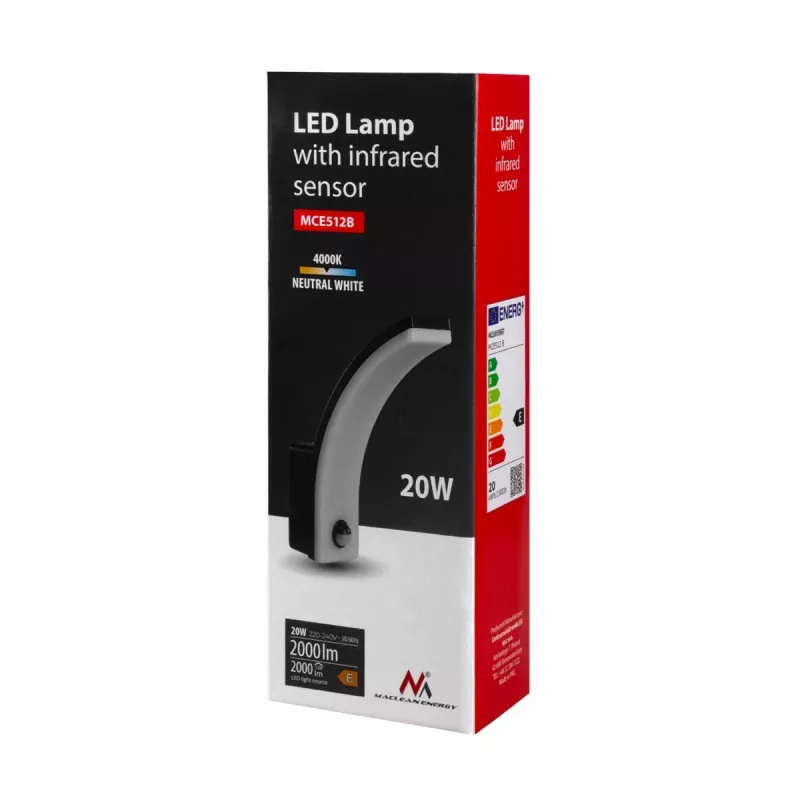 MACLEAN MCE512B LED-lamp met bewegingssensor, 20W, 2000 lm, IP65