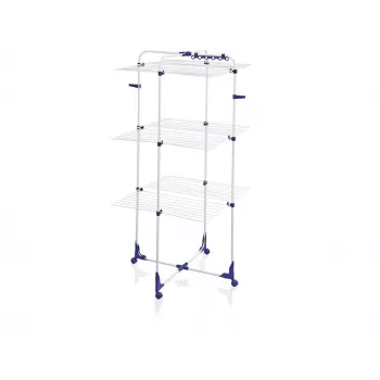 LEIFHEIT Classic Tower 340 binnen-/buitenwasrek, opvouwbaar, 34 m drooglengte, 3 niveaus, wit met blauwe accenten, 360° wielen