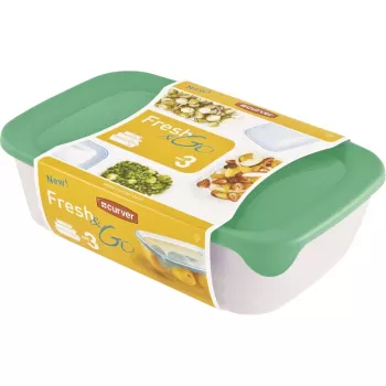 Curver Fresh & Go bewaardozen-set, 3 rechthoekige dozen, 2L + 1L + 0,5L, transparant met gekleurde luchtdichte deksels