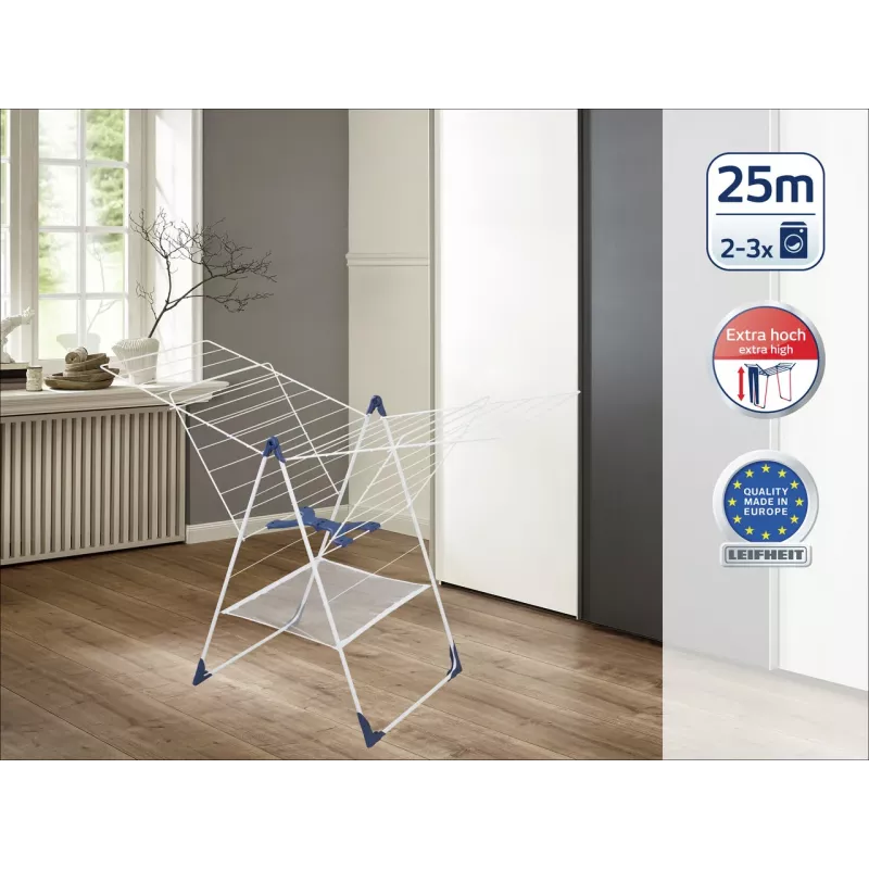 LEIFHEIT Classic 250 Flex wasrek - 25 m drooglengte, in hoogte verstelbare vleugels, opvouwbaar, wit/blauw