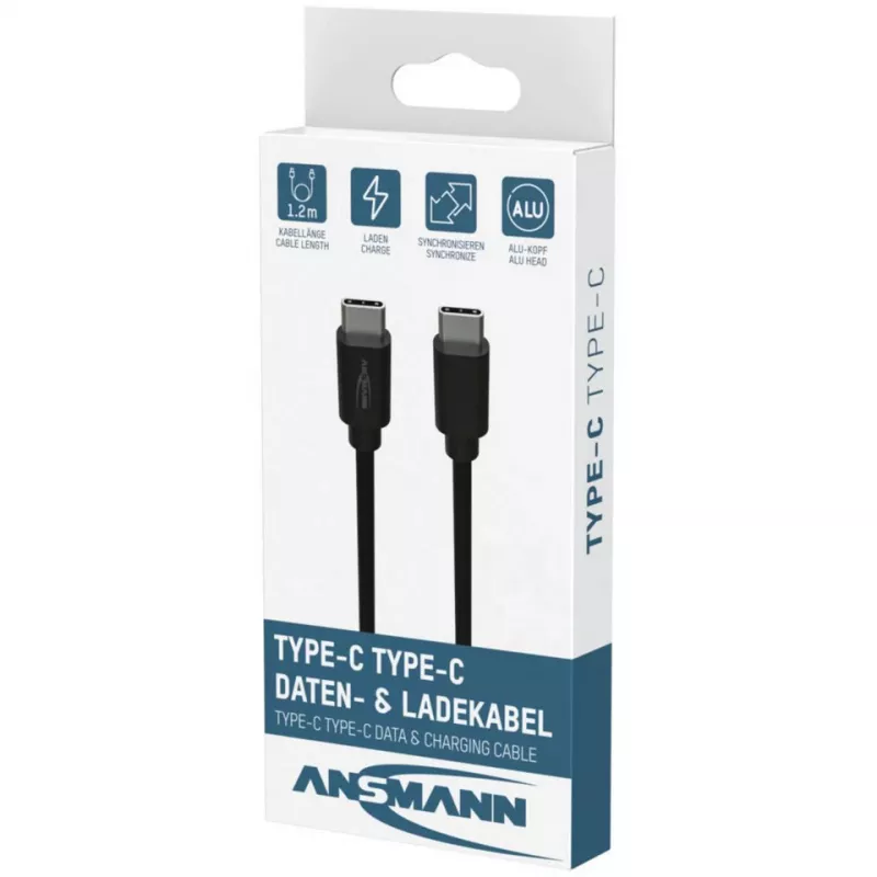 ANSMANN USB-C naar USB-C data- en oplaadkabel, 1,2 m, 60W Power Delivery, zwart