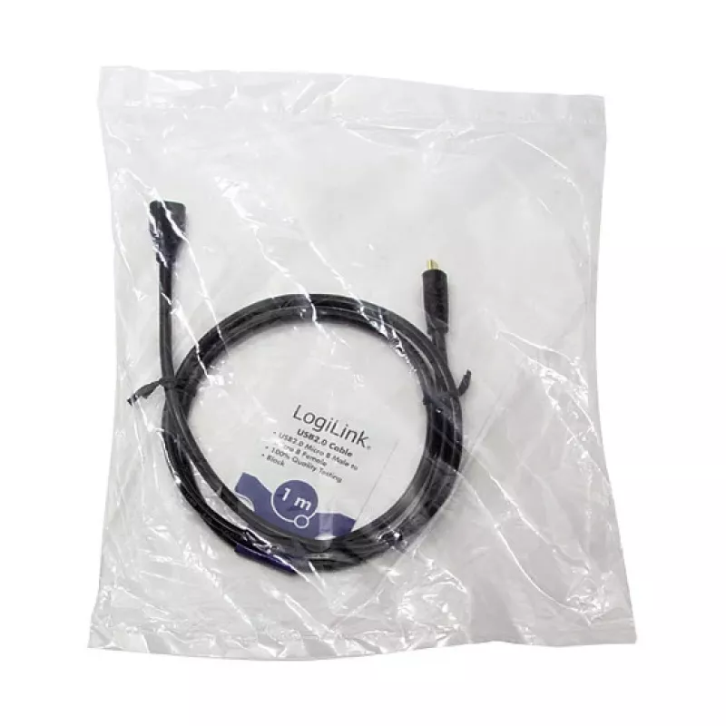 LogiLink CU0121 USB 2.0 micro-B stekker naar micro-B bus verlengkabel, 1 m, zwart