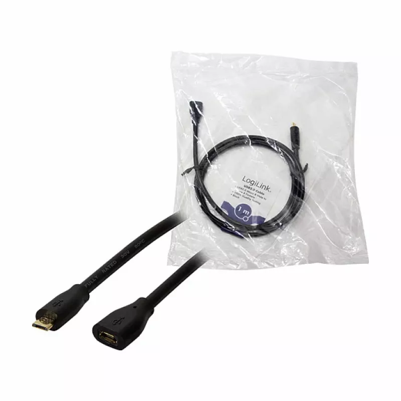 LogiLink CU0121 USB 2.0 micro-B stekker naar micro-B bus verlengkabel, 1 m, zwart