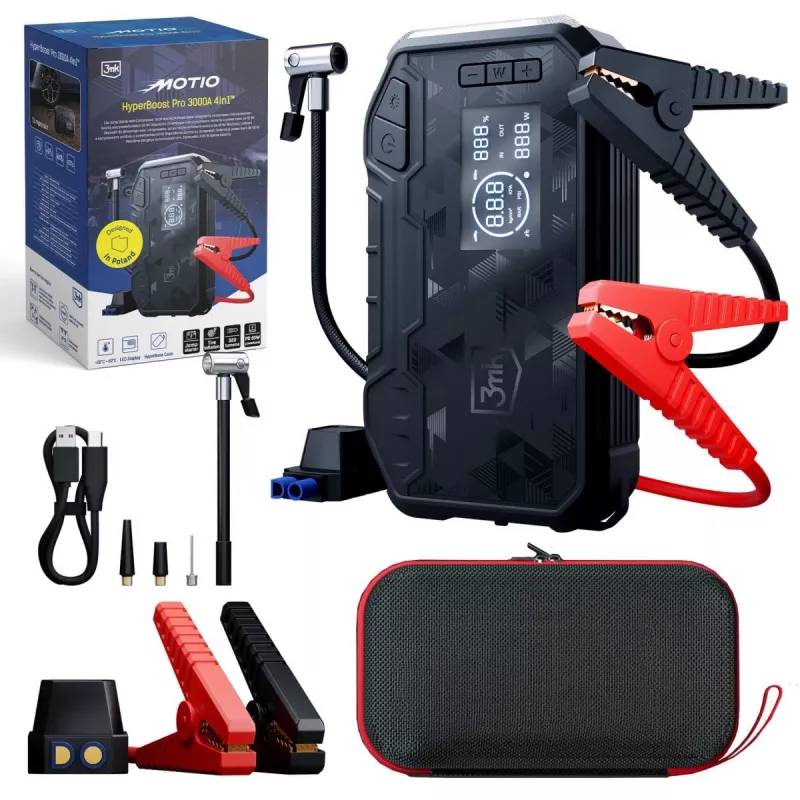 3MK Motio HyperBoost Pro 3000A 4-in-1 startbooster met Smart-Start-kabels, LED-licht, powerbank en luchtcompressor