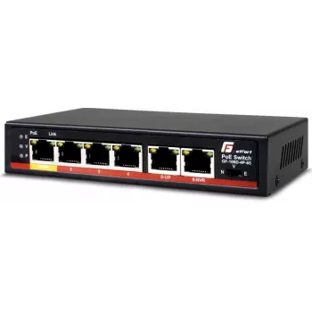 GETFORT GF-106D-4P-65 6-poorts Fast Ethernet PoE+-switch met 4 PoE-poorten en 2 uplink-poorten, 65W budget, metaal desktop
