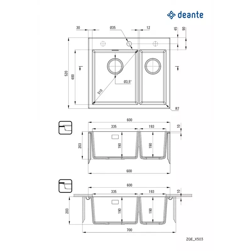 DEANTE ZQE A503 1,5-baks graniet-composiet gootsteen met afdruipvlak, grafiet