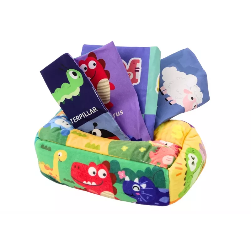 LEAN TOYS zachte tissuebox met 6 stoffen en 3 ritselende kleurrijke doeken