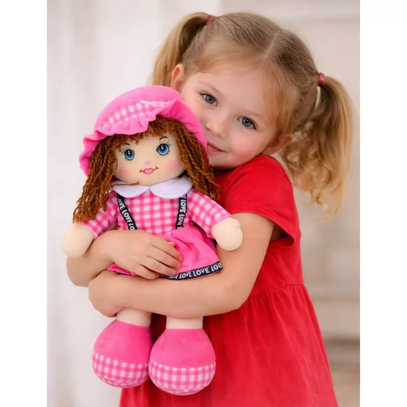 LEAN TOYS Stoffen pop knuffel ruitjurk roze 35 cm