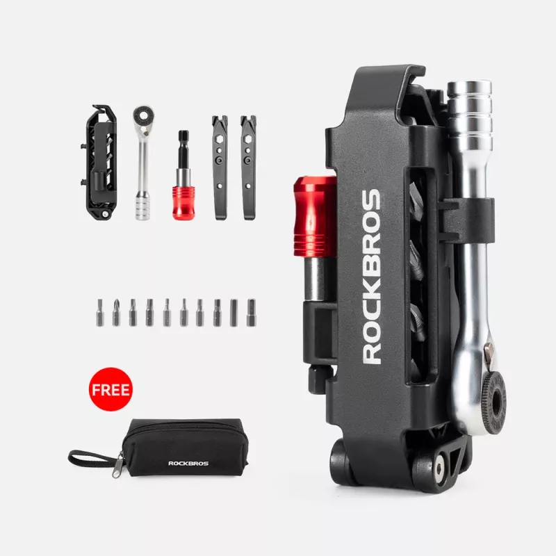 Rockbros fietsgereedschapsset multitool met ratelsleutel en bandenlichters - zwart
