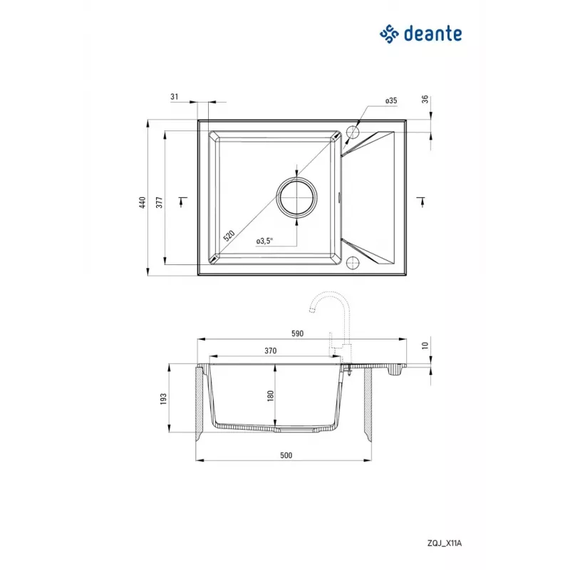 DEANTE ZQJ N11A 1-baks granieten spoelbak met afdruiprek, grafiet